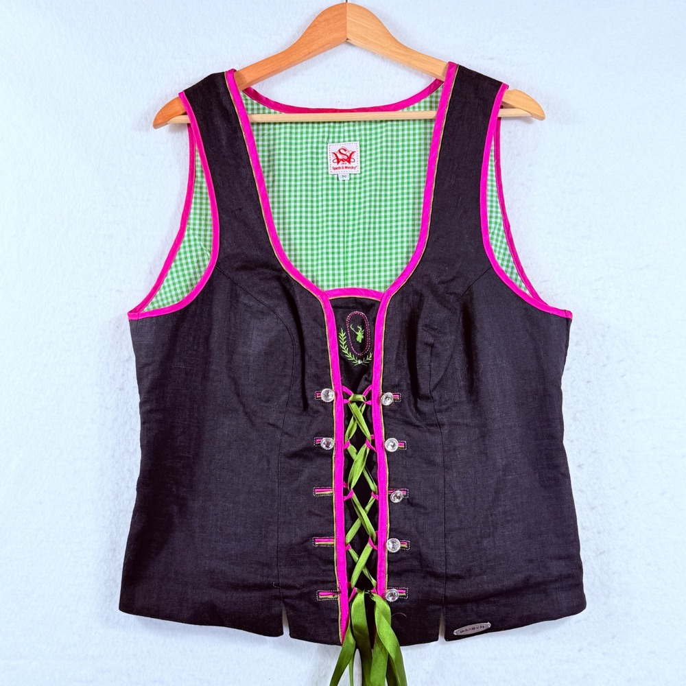 Spieth & Wensky Trachten Vest Womens 50 M Black Pink Lace Up Oktoberfest Alpine